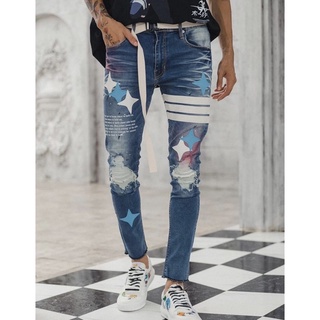 เข่าขาว 2021 Holdem White leather patch knee destroyed jeans (Blue&amp;white diamondⓂ️♦️ leather patch)