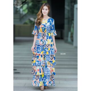 Maxidress แม็กซี่เดรสคอกลมแขนสามส่วน