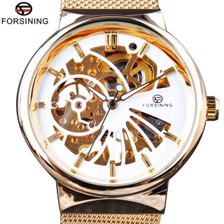 Forsining 2017 Luxury Golden Skeleton Neutral Design Stainless Steel Women Watches Mens Top Brand Luxury Waterproof Wris