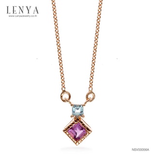 Lenya Jewelry สร้อยคอเงินแท้ ชุบพิงค์โกลด์ ประดับอเมทีสต์ (Amethyst) และบลูโทแพซ (Blue Topaz) ทรงเหลี่ยม