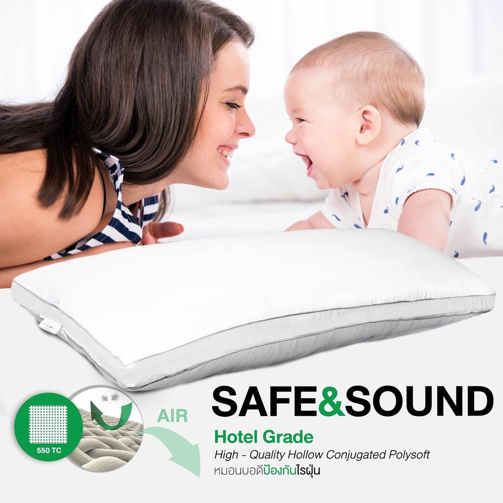 หมอนบอดี้ Hotel Grade หุ้มผ้ากันไรฝุ่นทอแน่น 500 เส้นด้าย SAFE&SOUND