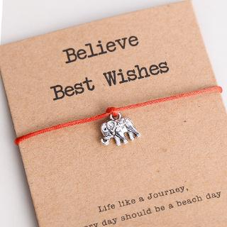 Vintage Elephant Bracelet Believe Best Wishes Kraft Paper Card Gift Red String Charm Bracelets Women Men Kids Jewelry