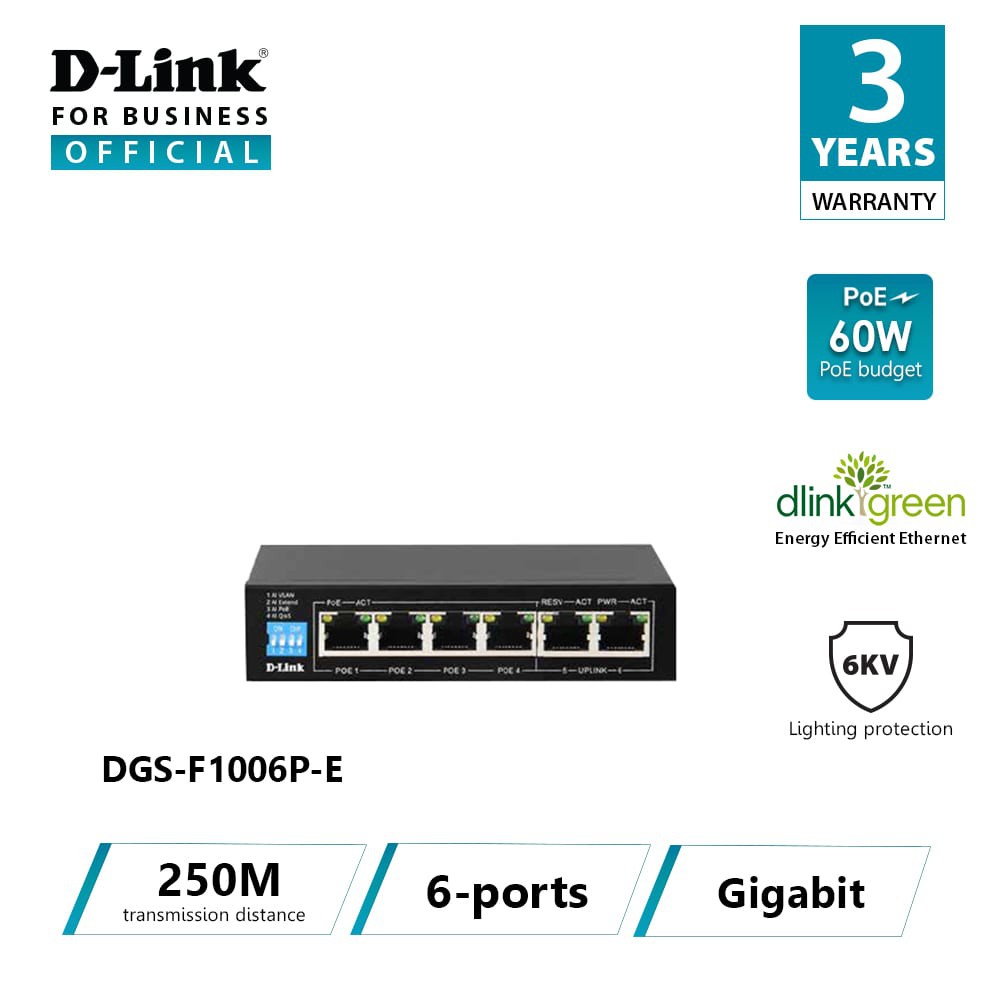 D-Link DGS-F1006P-E 250M 6Port 10/100/1000 Network Switch พร้อม 4 PoE + 2 Uplink Port Power Budget 6