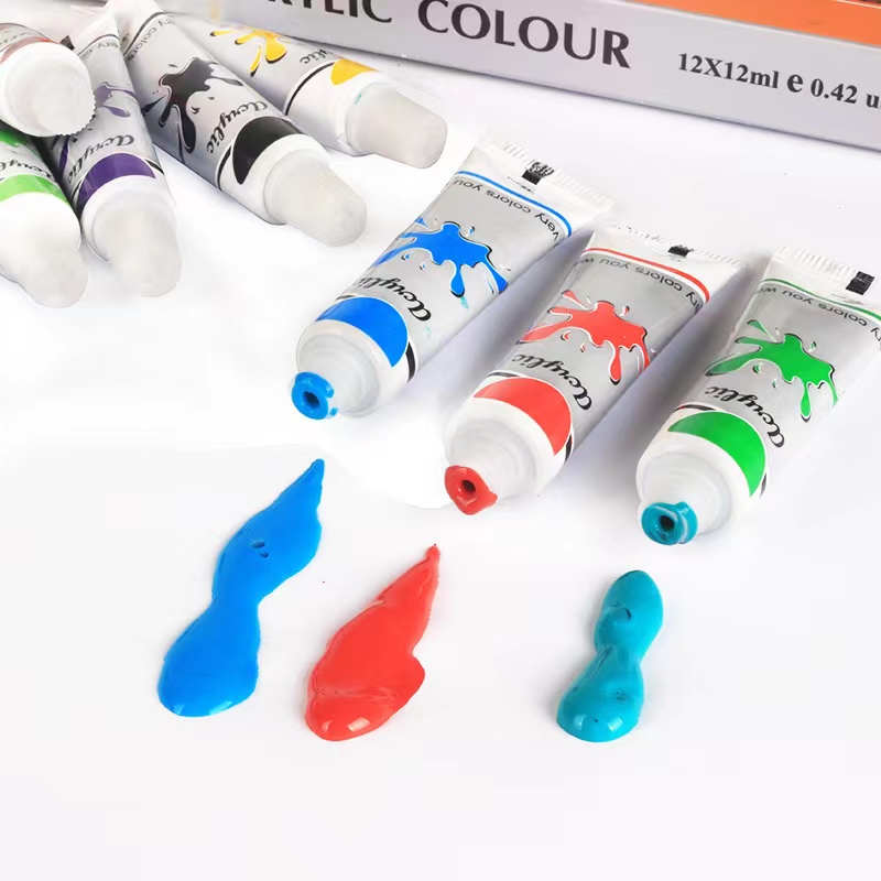 สีอะคริลิค ชุดสีอะคริลิค สีน้ำ ชุดสีน้ำ สีสันสดใส ปลอดสารพิษ แห้งไว 12สี/ชุด ความจุ 12มล. ใช้สำหรับสร้างงานศิลปะ ทาผนั