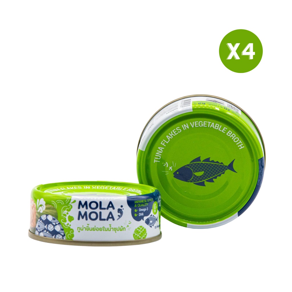 MolaMola โมลาล่า แพ็ค 4 ทูน่าในน้ำชุปผัก สูตรญี่ปุ่น มาตรฐานการผลิตญี่ปุ่น น้ำหนัก 70 กรัม