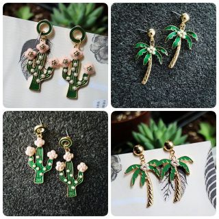 Cute Korea Green Cactus Coconuts Tree Gold Earrings ต่างหู ตุ้มหู สีทอง ตะบองเพชร มะพร้าว เขียว ประดับ มุก น่ารัก