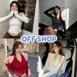 OFF SHOP พร้อมส่ง (OFF-37015)  เสื้อเปิดไหล่ไหมพรมแขนยาว ผ้าร่องใส่สบายสุดเซ็กซี่