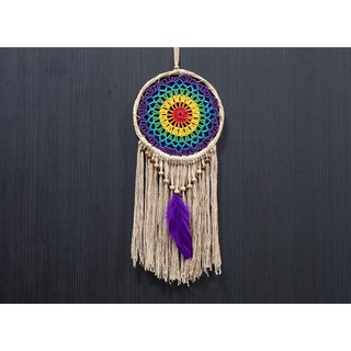 Dream Catcher ตาข่ายดักฝัน ถักโครเช สีรุ้ง ห่วงมีไม้ หวายถัก ลูกปัด ขนนกสีม่วง