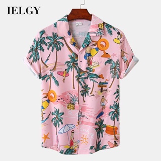 Ielgy เสื้อเชิ้ต แขนสั้น ทรงหลวม สไตล์ฮาร์เบอร์ ท่องเที่ยว วันหยุด สําหรับผู้ชาย