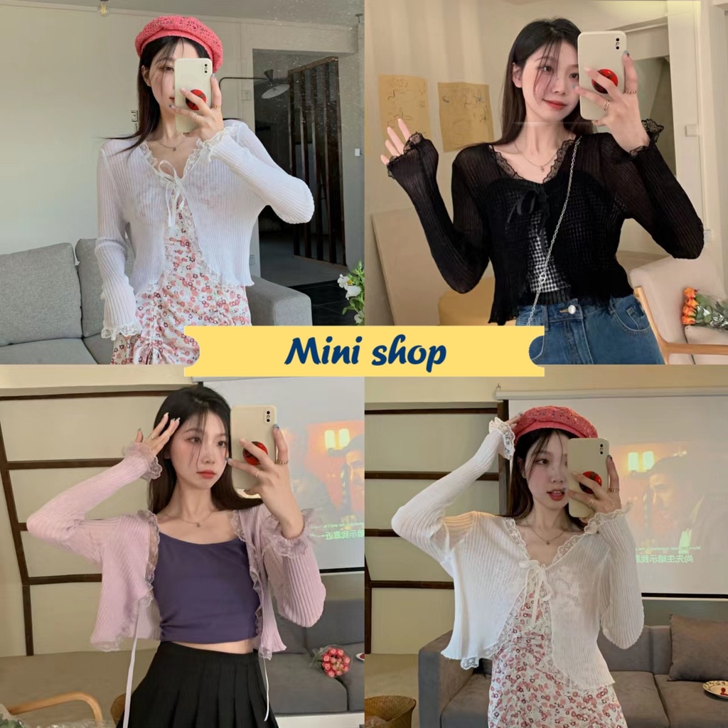 Mini shop พร้อมส่ง (9515) เสื้อคลุมไหมพรม ซีทรู ลูกไม้เซ็กซี่เบาๆใส่สบายเกาหลีๆ