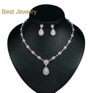 Best Jewelryเซ็ตสร้อยคอ/ต่างหู แบบเพชร CZ เกรด 8A Cubic Zirconia ต่างหูสร้อยคอชุดสำหรับงานแต่งงานเจ้าสาวชุดแต่งงาน