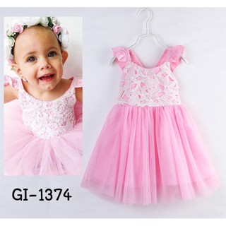 ชุดเดรสเด็กผู้หญิงสีชมพู สายเดี่ยวขอบระบายไขว้หลัง GI1374