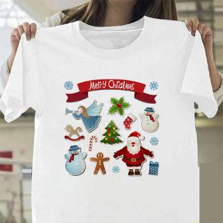 เสื้อยืดผ้าฝ้าย เสื้อยืดคริสต์มาสMerry Christmas TShirt Summer Cartoon Santa Claus Women Round Collar White Short Sleeve