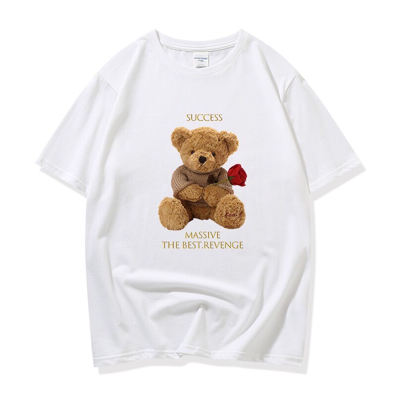 มาใหม่ เสื้อยืด คอกลม แขนสั้น ผ้านิ่ม ลายตุ๊กตาหมีถือดอกกุหลาบ เสื้อยืดแฟชั่น สไตล์เกาหลี #9608