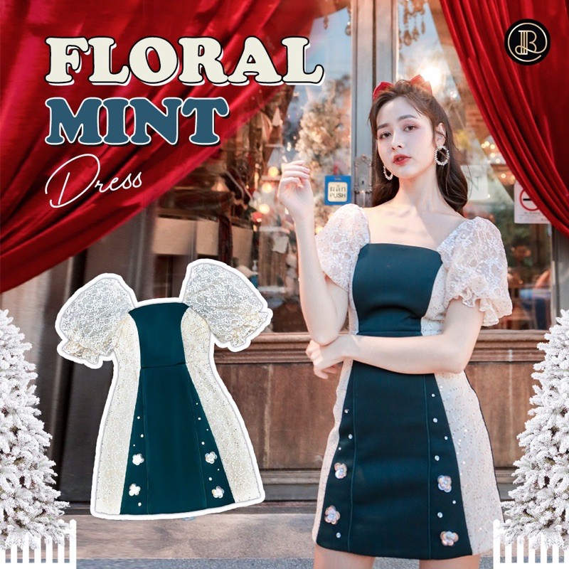 เดรส Floral Mint สีเขียวเข้ม สวยมาก BLT