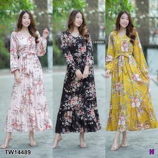 J14489 Maxi Dress เดรสยาว แขนยาว ปลายแขนจั๊ม ลายดอก