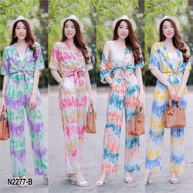 ac ชุดผ้าสปัน Set 2 ชิ้น เสื้อมัดย้อมผูกเอว+กางเกงขายาว