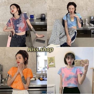 Kiss.shop🌟พร้อมส่ง🌟เสื้อครอปคอกลมแขนสั้นเสื้อมัดย้อม(E03)