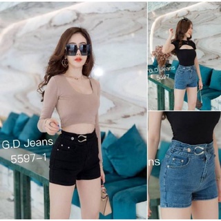 G.D.Jeans รุ่น 5597#กางเกงยีนส์แฟชั่นขาสั้นผ้ายืดเอวสูงสีเข้มแต่งดีเทลขอบเอวแบบเก๋ๆ