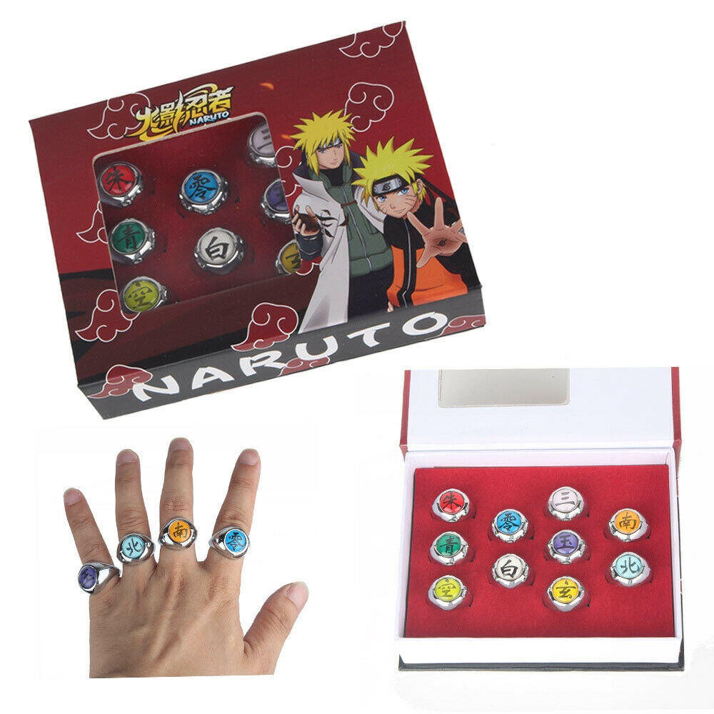 10 ชิ้น / ล็อต นินจา นารูโตะ อุจิวะ อิทาจิ แหวน แสงอุษา สมาชิก Zhu แหวนคอสเพลย์ เวที ทรัพย์สิน ของสะสม ของขวัญในกล่อง