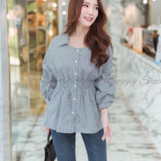 เสื้อเชิ้ตแฟชั่นเกาหลี​ ใส่ออกงาน​ ลายริ้ว แขนจีบ เอวจั๊ม