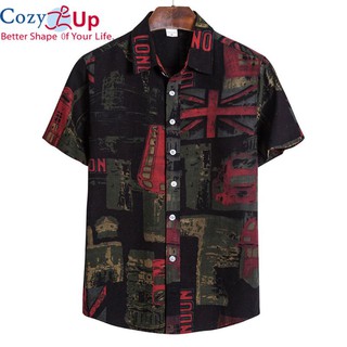 COZY up แขนสั้นผู้ชายเสื้อแฟชั่นผ้าฝ้ายบางพิมพ์ lapel เดี่ยวหน้าอกหล่อ