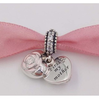 Pink Rose Heart Dangle Charm Silver ตุ้งติ้งหัวใจลายดอกกุหลาบชมพูอ่อนเงินแท้ พร้อมส่ง