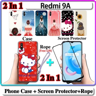 2 IN 1 เคส Redmi 9A พร้อมกระจกนิรภัยกันรอยหน้าจอโค้งเซรามิค สําหรับเด็กผู้หญิงและคิตตี้