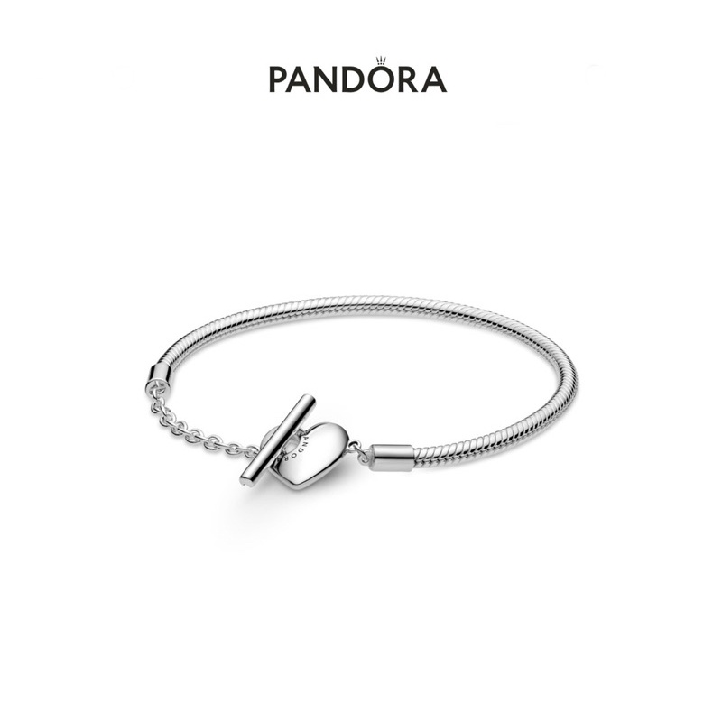 (พร้อมส่ง)Pandora​ Silver​ Bracelet​  กำไลข้อมือหัวใจ T-bar ของเเท้100%