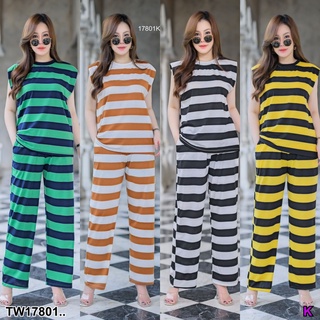 J17801 Set #สาวอวบ 2ชิ้น เสื้อคอกลมตัวยาวลายริ้ว + กางเกงขายาว Set Striped long-sleeved round neck shirt + long pants