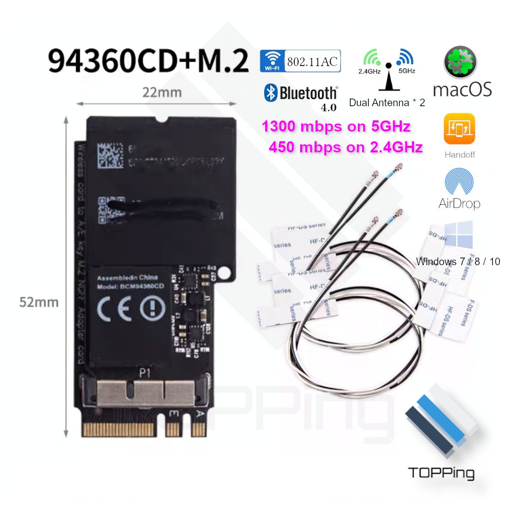 1750Mbps Dual Band WiFi Bluetooth Card 2.4GHz5GHz BT4.0