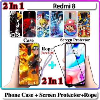 2 IN 1 เคส Redmi 8 พร้อมกระจกนิรภัยโค้ง ป้องกันหน้าจอเซรามิค นารูโตะ และการออกแบบ One Piece