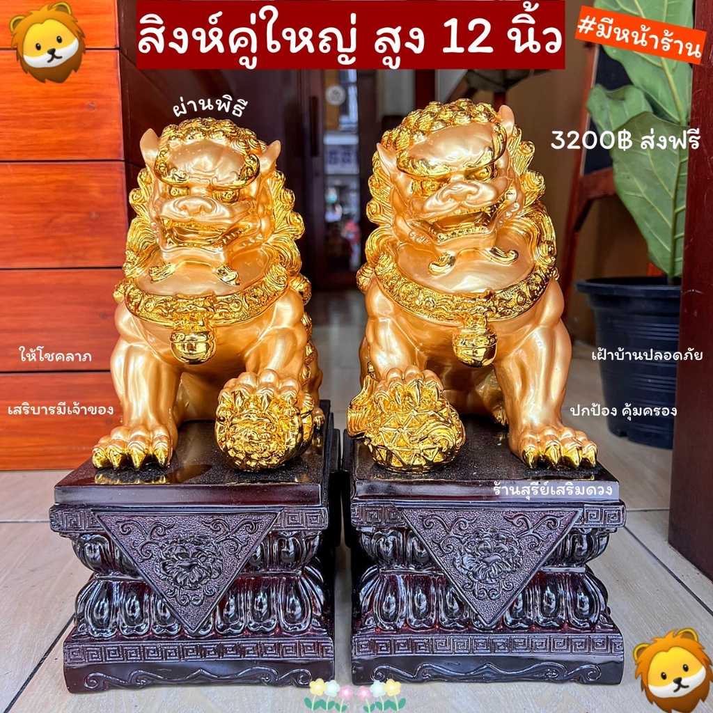 🦁 สิงห์คู่ 🔥ผ่านพิธี🔥 8 /12/ 17 นิ้ว (รวมฐาน) สิงห์โตคู่มงคล  แก้ฮวงจุ้ย มีหน้าร้าน 1 คู่ 2 ตัว ของม