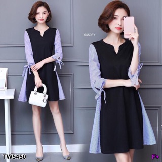 TwinsShopVip💗พร้อมส่ง TW5450 Dress แขนแต่งลายริ้วผูกโบว์