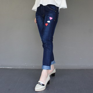 Zebra Jeans กางเกงยีนส์หญิงฟอกหนวดลายหัวใจสีน้ำเงินขาเดฟ