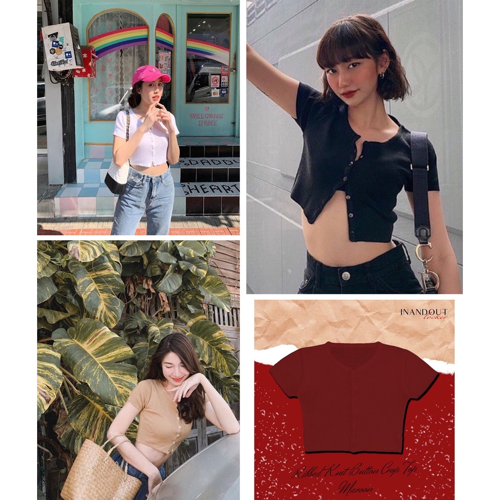 Inandout Locker - Ribbed Knit Button เสื้อครอปไหมพรมแขนสั้น เอวลอย เสื้อผ้าผู้หญิงแฟชั่น