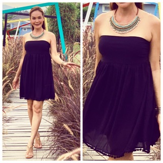 Black chiffon strapless short dress ชุดเกาะอกสั้นสีดำ ชีฟอง ชายระบาย. All size มีทุกไชด์ ตัดตามลูกค้าไชด์ ใส่สบาย