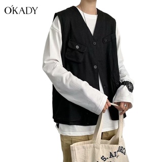 OKADY เสื้อกั๊ก ผู้ชายฤดูร้อนสีทึบเสื้อกล้ามผ้าฝ้ายแฟชั่นบางขายดีที่สุดเสื้อแขนกุดย้อนยุคหลายกระเป๋าเสื้อกล้ามกีฬา