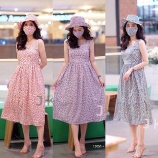 👗Pfashion [ส่งไว!!🚛] P13051 เดรสแขนกุดลายดอกไม้ + หมวก + แมสปิดปาก Floral Sleeveless Dress + Hat + Masses