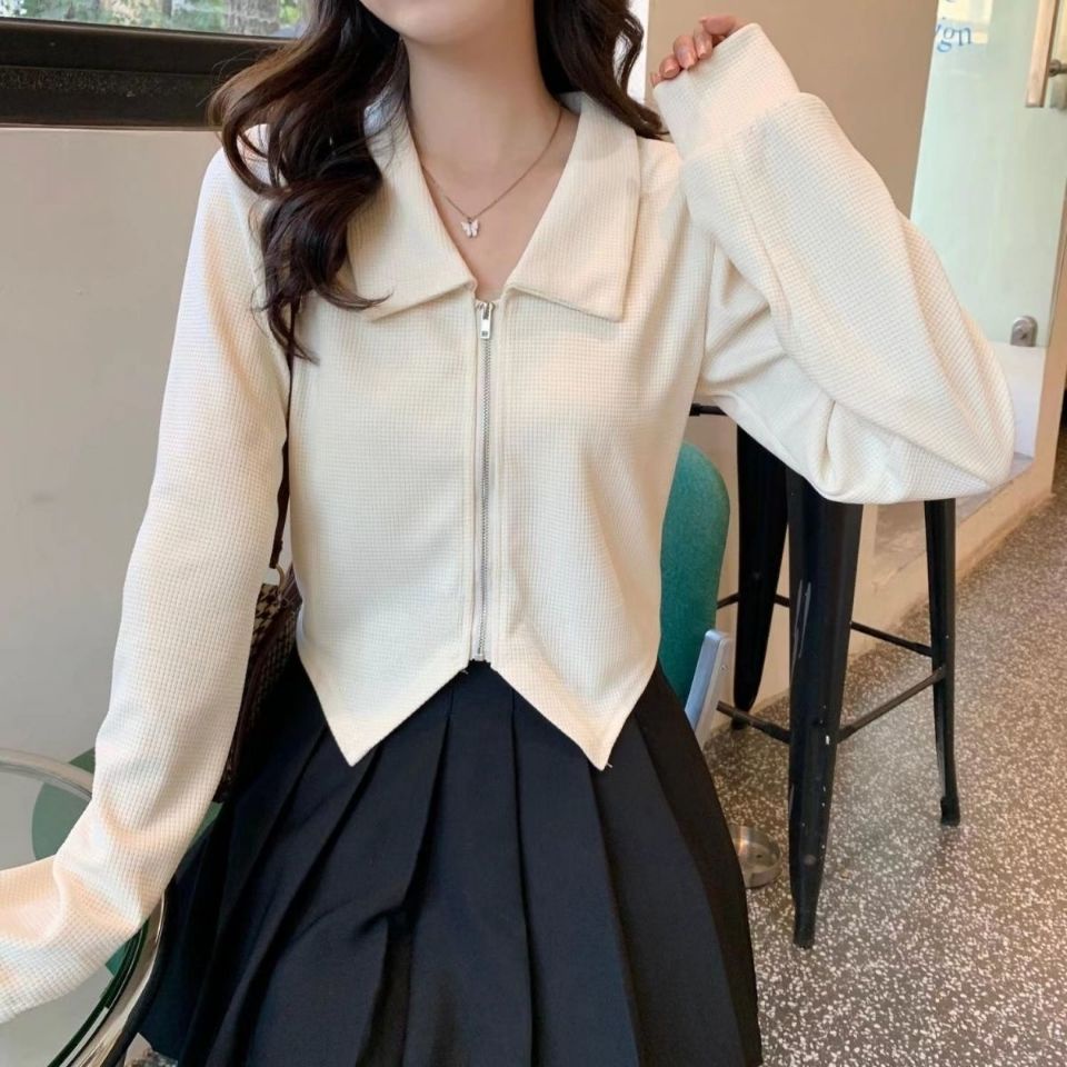 เสื้อเชิ้ตแขนยาว มีปก แต่งซิป ทรงไม่สม่ําเสมอ ขนาดใหญ่ เสื้อแขนยาวสไตล์เกาหลี เสื้อ oversize