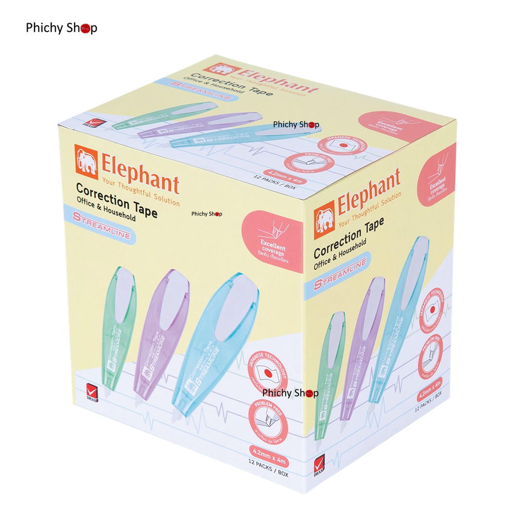 Elephant ตราช้างเทปลบคำผิด สตรีมไลน์ จำนวน 12 ชิ้น คละสี