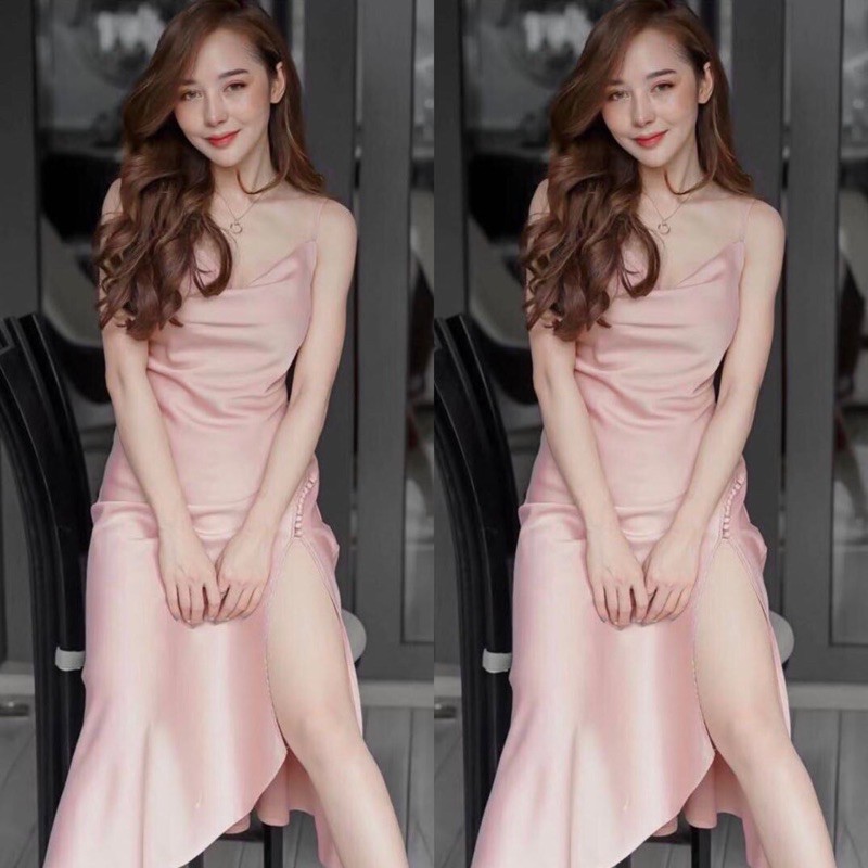 Lady_Girl 008/R733 เดรชสายเดี่วยคอถ่วงเนื้อผ้าชาตินกระโปรงด้านช้ายเปิดโชขาอ่อนสุดเช็กชีเเต่งด้วยกระดุม10สุดเก๋#