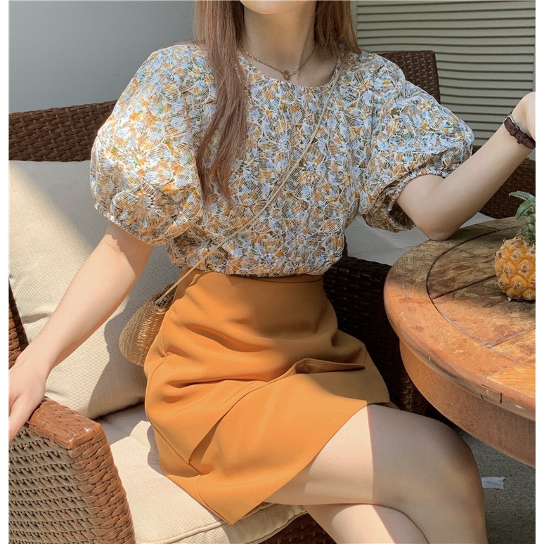 Love Flower เสื้อเชิ้ตลายดอกแขนพอง + กระโปรงน่ารัก（ตัวเลือกแยกต่างหาก ...