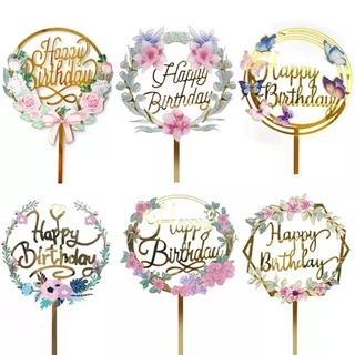 ป้ายวันเกิด ป้ายปักเค้กอะคริลิค ป้ายhappy birthday ดอกไม้ พิมพ์สี สีทอง