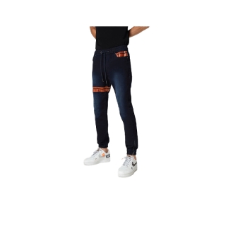 DAVIE JONES กางเกงจ็อกเกอร์ ยีนส์ เอวยางยืด ขาจั๊ม สีฟ้า คาดหนัง Drawstring Denim Joggers in navy GP0129NV