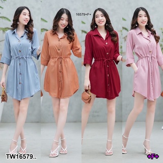 SS16579 เดรสปกเชิ้ต แขน 5 ส่วน โบว์ผูกเอว Shirt dress, 5-quarter sleeves, bow tie at waist