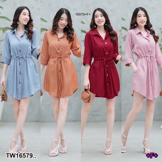 SS16579 เดรสปกเชิ้ต แขน 5 ส่วน โบว์ผูกเอว Shirt dress, 5-quarter sleeves, bow tie at waist