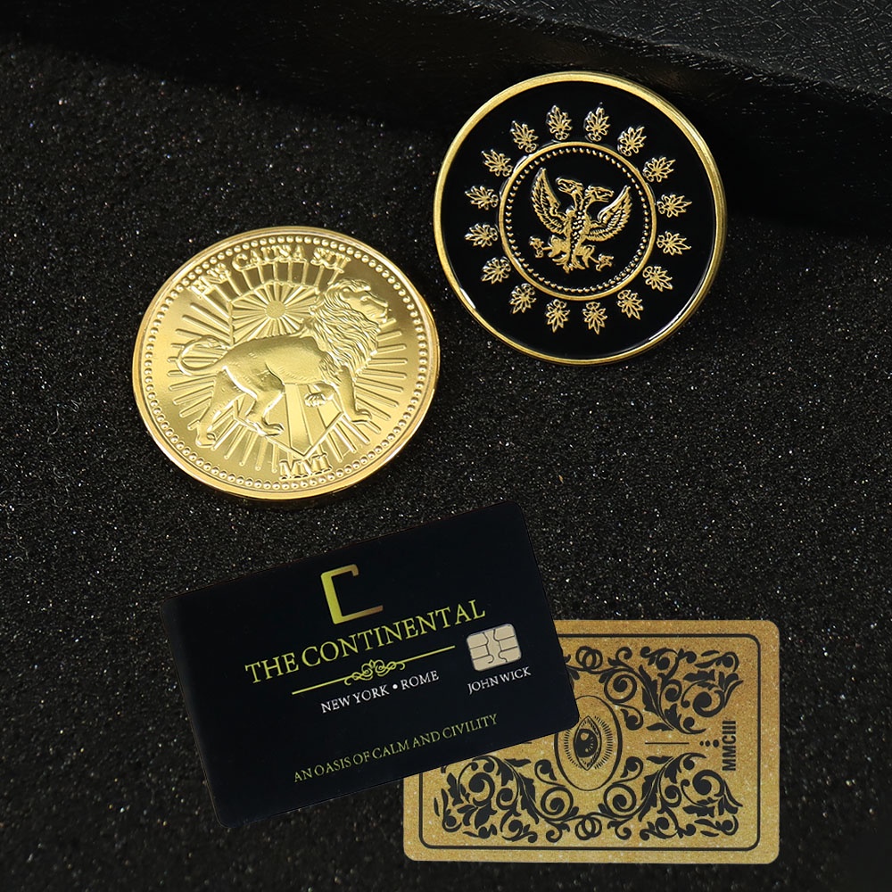 พร็อพคอสเพลย์ John Wick Movie Gold Coin Continental Hotel Card Adjudicator Black Medallion Keanu Ree
