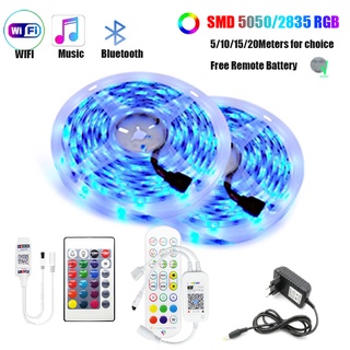 บลูทูธ LED Strip Light RGB 5050 SMD 2835 ริบบิ้นยืดหยุ่น Fita เพลง WIFI Led Light Strip RGB 5M 10M 15M เทปไดโอด Alexa Google Room Christmas Deco ไฟ DC12V Adapetr