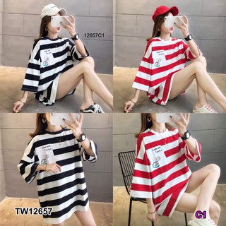 TwinsShopVip💗พร้อมส่ง TW12657  เสื้อโอเวอร์ไซส์ลายริ้ว